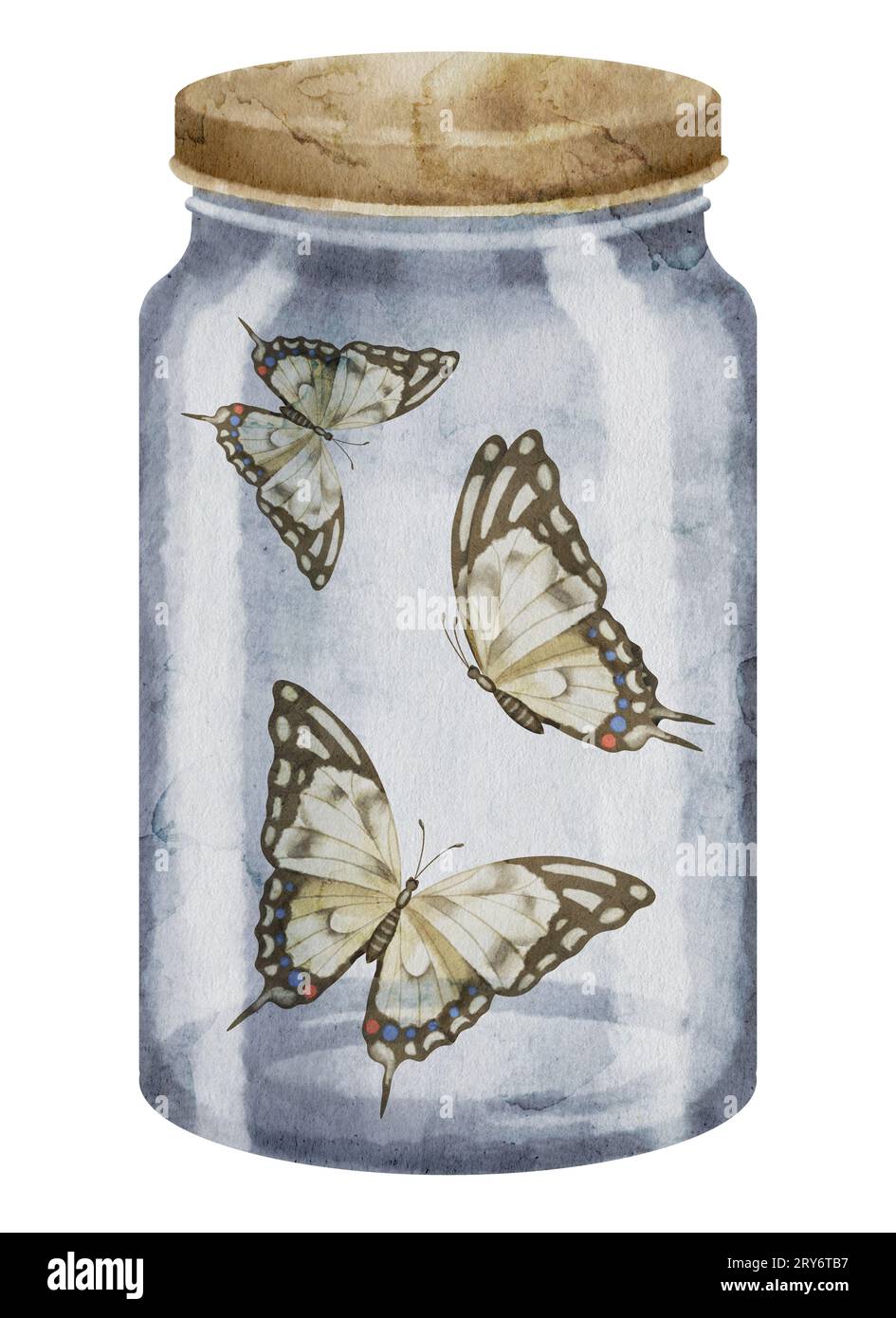 Papillons dans un bocal en verre. Illustration à l'aquarelle d'insectes capturés avec des ailes brunes dans une bouteille. Clip art dessiné à la main de papillon volant sur fond isolé blanc. Dessin imprimé vintage pour cartes. Banque D'Images