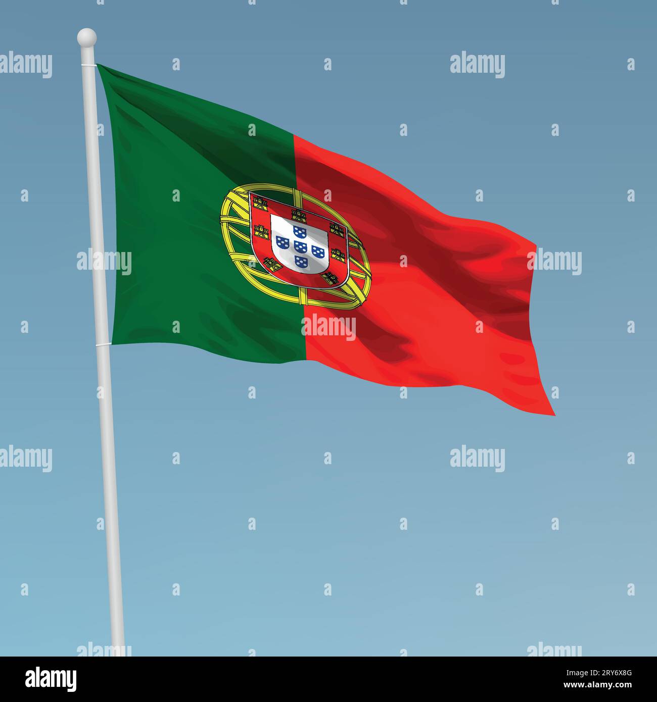 Waving Flag du Portugal au mât. Modèle pour la conception de l'affiche de la fête de l'indépendance Illustration de Vecteur