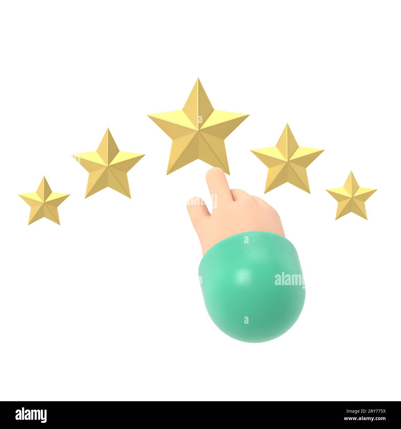 Icône d'évaluation. Star illustration 3d design plat. Concept de feedback. Système d'évaluation. Avis positif. Travail de qualité. Le doigt de l'homme pointe vers la star.3D. Banque D'Images