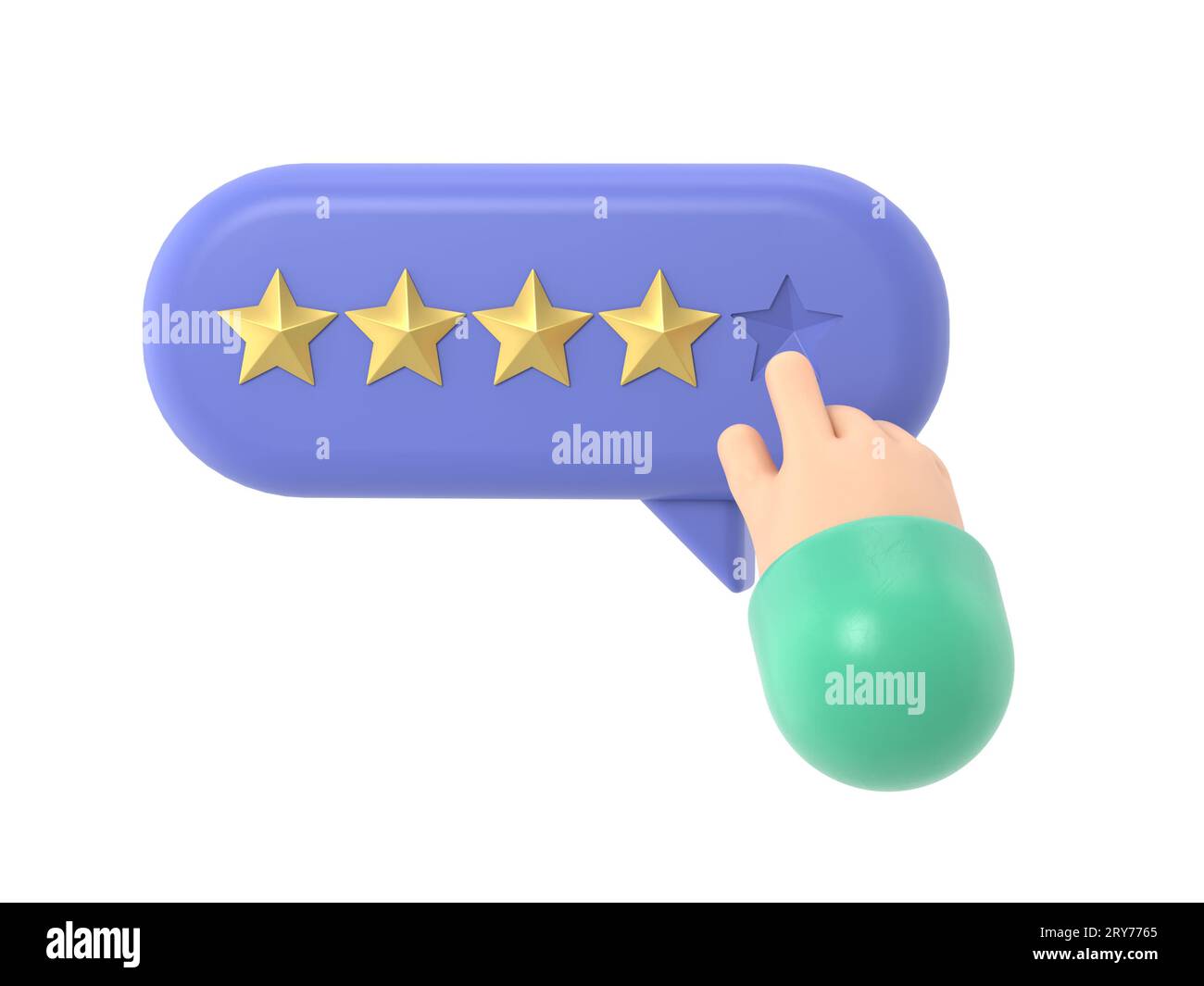 Main de l'utilisateur pointant sur le formulaire de sondage et choisissant l'étoile jaune. Avis client positif cinq étoiles. Feedback en ligne, rendu 3D sur fond blanc. Banque D'Images