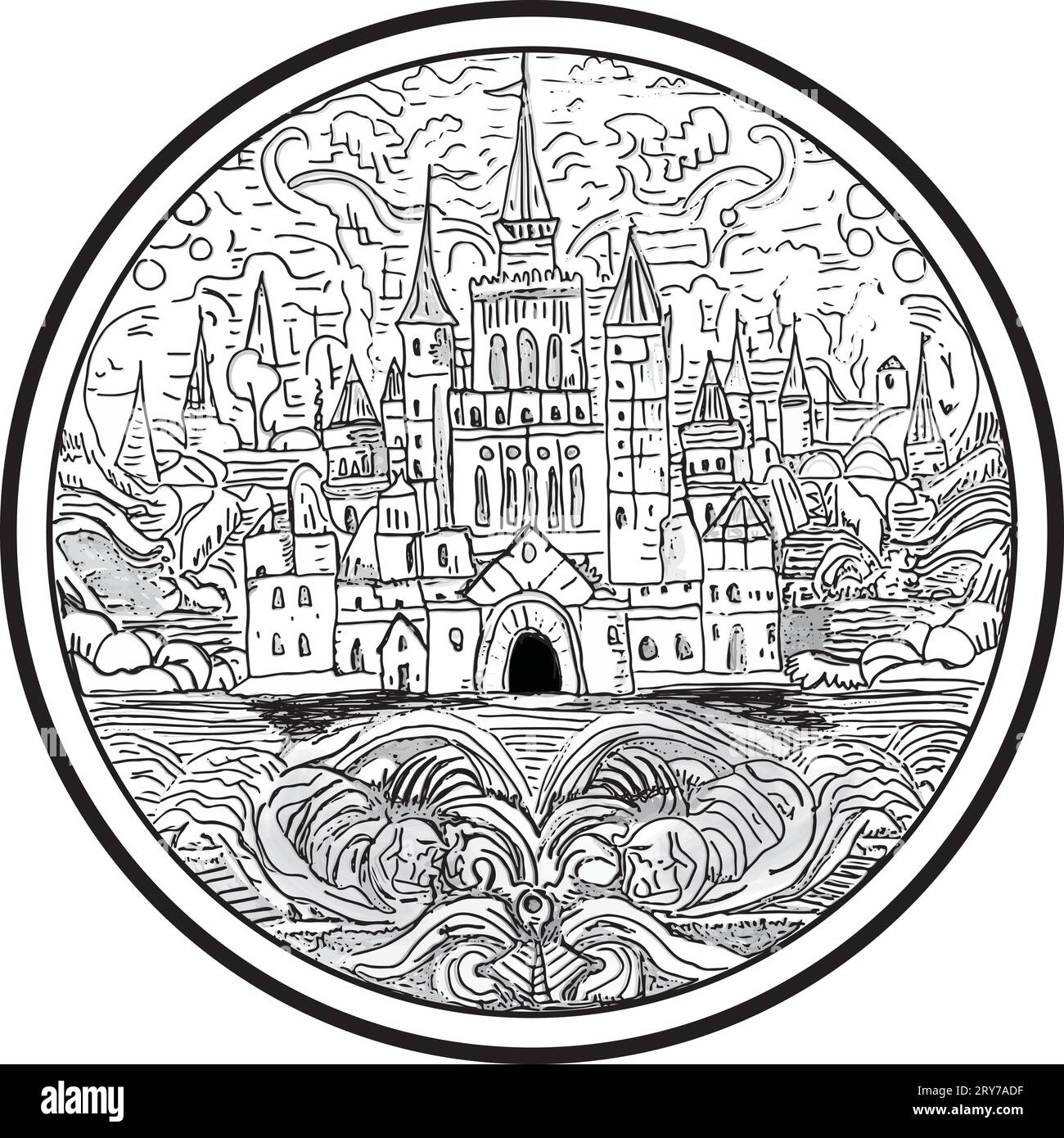 Dessin médiéval fantastique de château, rond Illustration de Vecteur