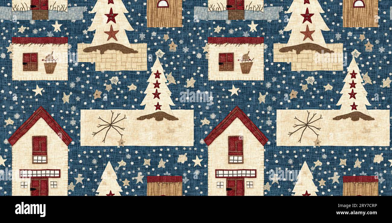 Chalet de noël rustique avec effet de tissu de couture à la main primitive. bordure. Garniture de ruban homespun chic et nostalgique douillet avec americana Banque D'Images