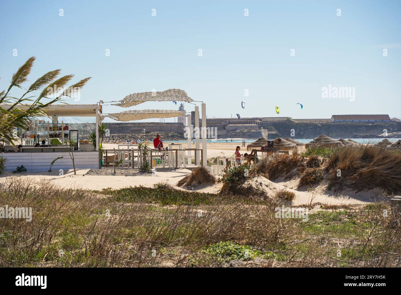 Tarifa Chiringuito Waikiki Beach bar Restaurant, Costa de la Luz, Andalousie, Espagne Banque D'Images