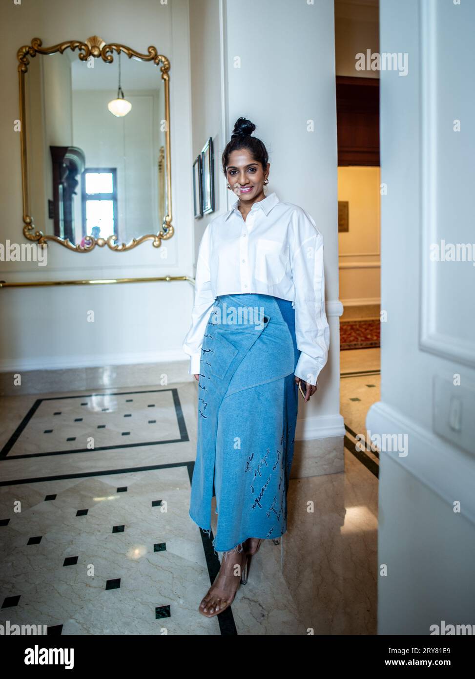 New Delhi, Inde. 29 septembre 2023. L'actrice et comédienne indienne Jamie lever pose pour la photo lors de la promotion de son prochain film YAATRIS à l'Imperial Hotel. Crédit : SOPA Images Limited/Alamy Live News Banque D'Images