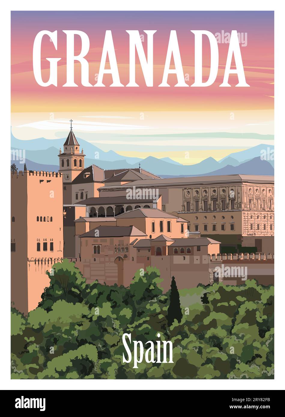 Vue colorée de Grenade en Espagne - illustration vectorielle (idéal pour l'impression, affiche ou papier peint, décoration de maison) Illustration de Vecteur