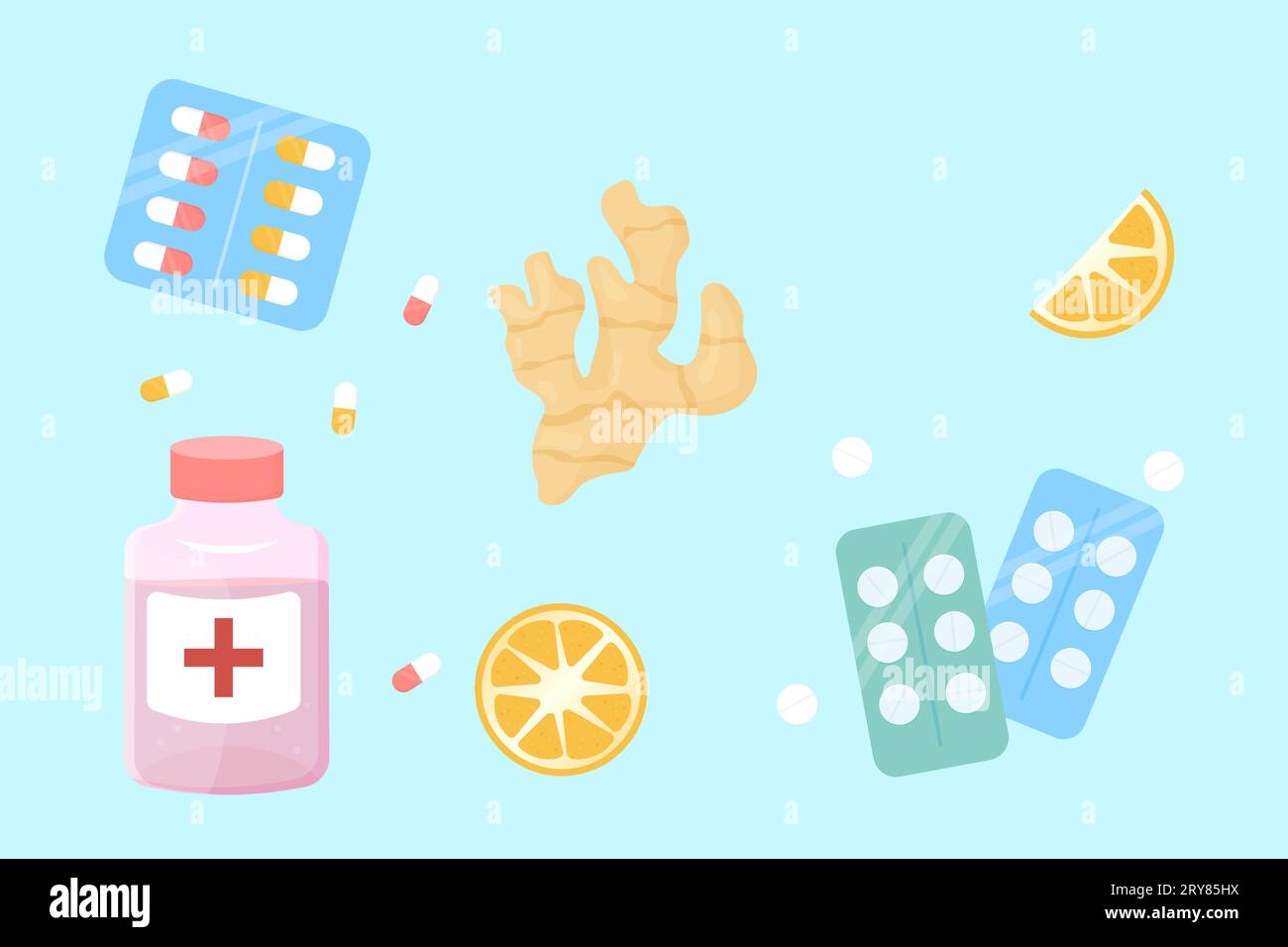 Ensemble de grippe et rhumes, médicaments. Pilules, gingembre, citron, sirop, pilules. illustration vectorielle clipart Illustration de Vecteur