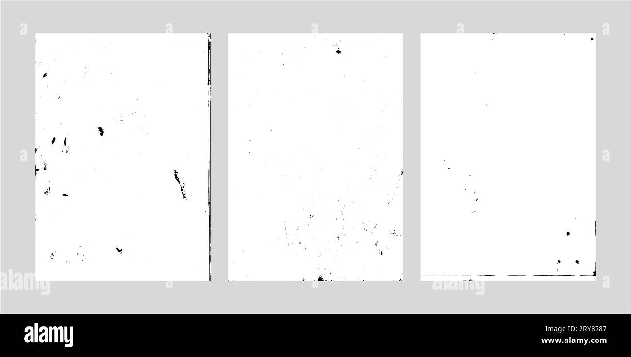 Ensemble de fonds ou bannières grunge rétro abstraits noirs et blancs. Illustration abstraite de texture de papier tachée, sale et usée, image vectorisée Banque D'Images