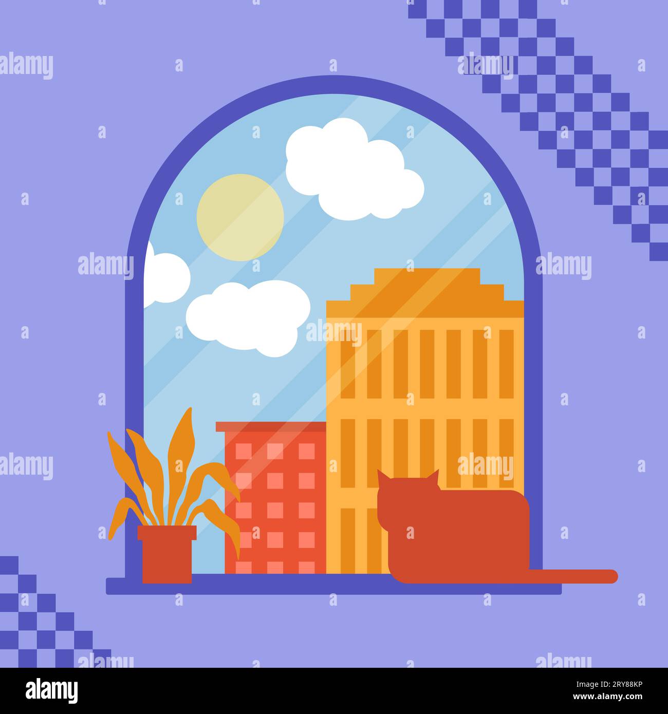 Vecteur fenêtre plate, chat assis sur le rebord de la fenêtre, pot de fleurs. Confort à la maison. Illustration de Vecteur