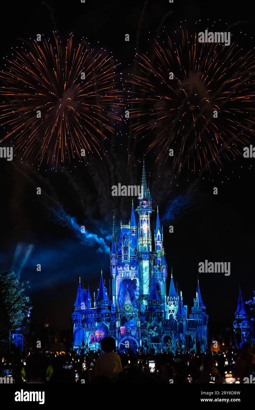 Orlando, États-Unis - 25 juillet 2023 : une foule de visiteurs dans le parc Disney World Magic Kingdom, photographiant les feux d'artifice au-dessus du château de Cendrillon à Banque D'Images