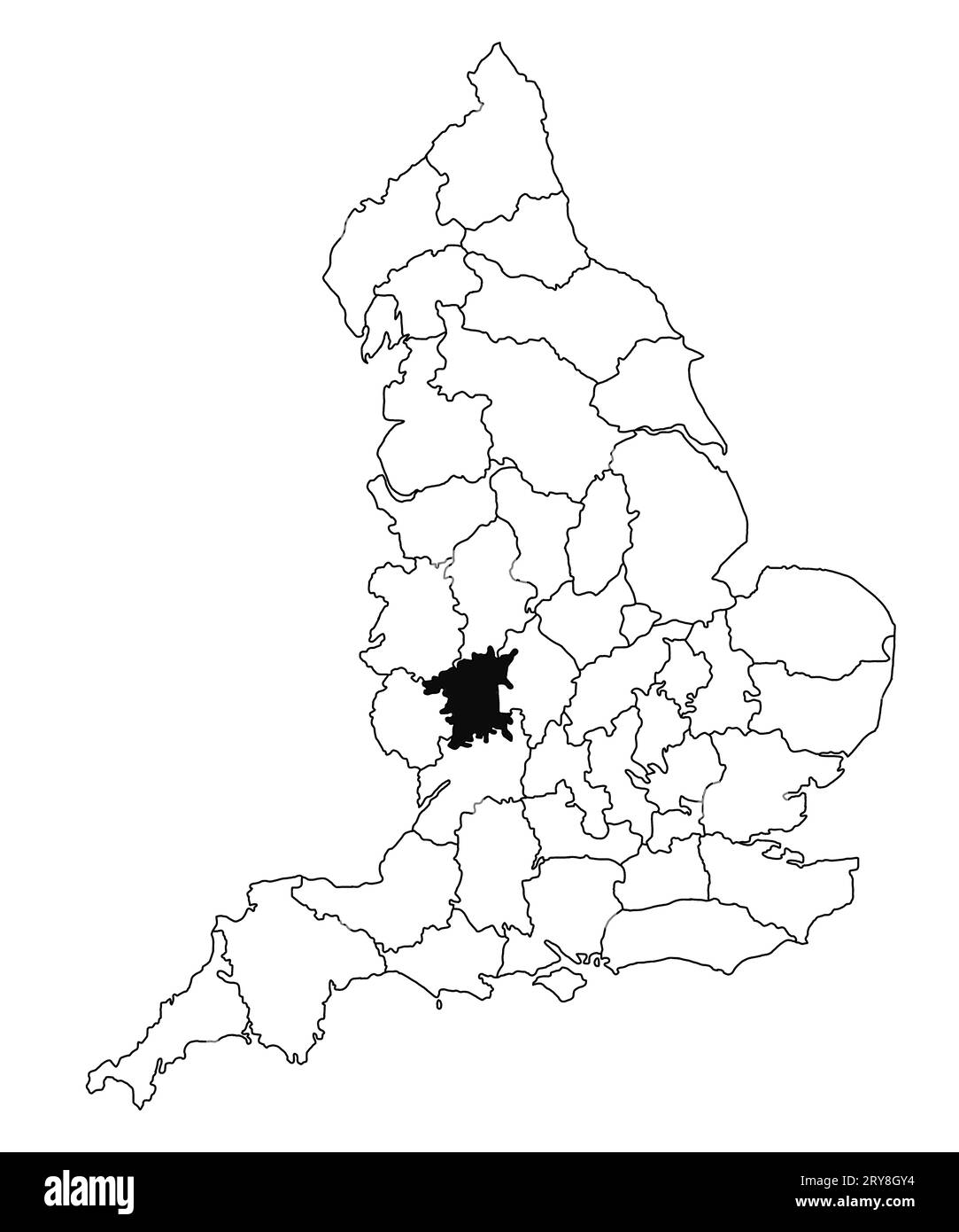 Carte du comté de Worcestershire en Angleterre sur fond blanc. Carte du comté unique mise en évidence en noir sur la carte administrative de l'Angleterre.. Roi Uni Banque D'Images