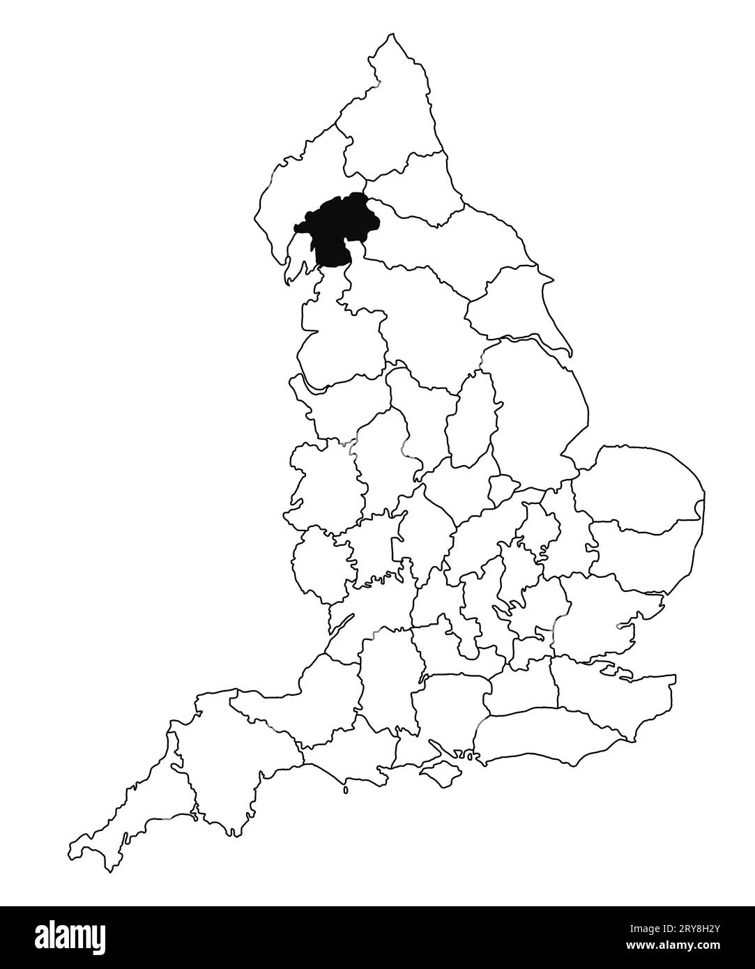 Carte du comté de Westmorland en Angleterre sur fond blanc. Carte du comté unique mise en évidence en noir sur la carte administrative de l'Angleterre.. Royaume-Uni Banque D'Images