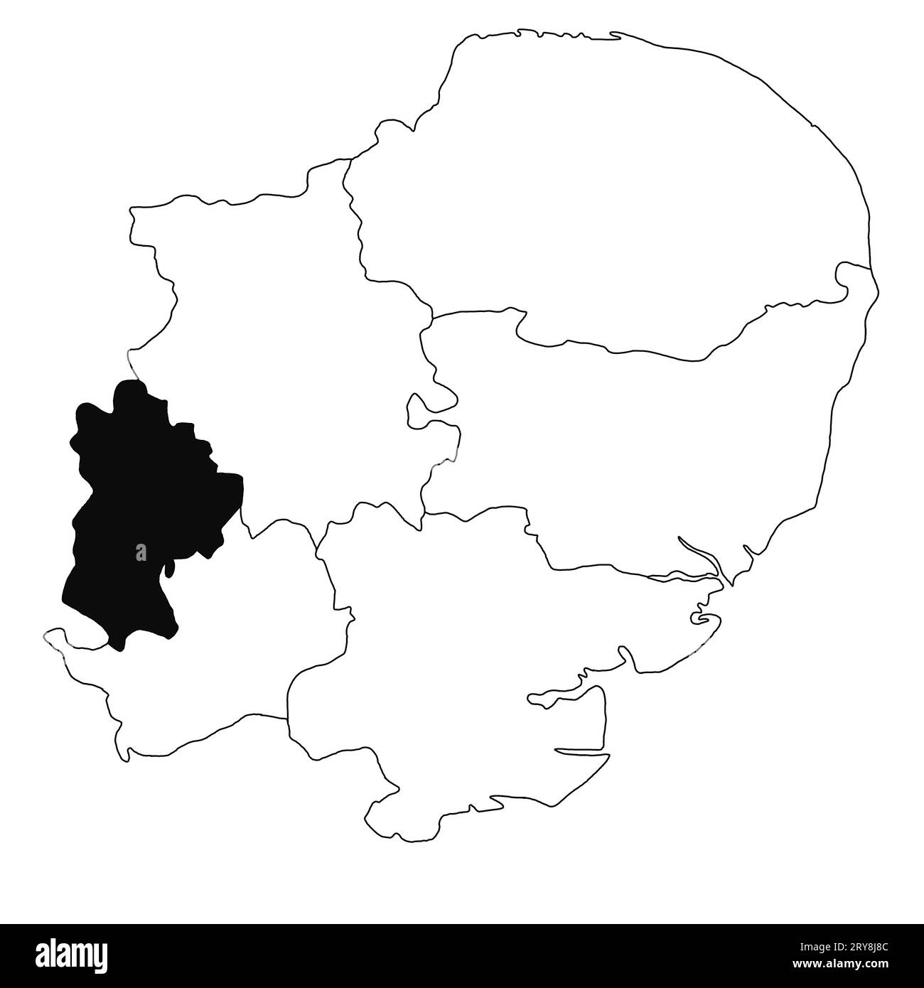 Carte du Bedfordshire dans la province de l'est de l'Angleterre sur fond blanc. Carte du comté unique mise en évidence en noir sur le m administratif de l'est de l'Angleterre Banque D'Images