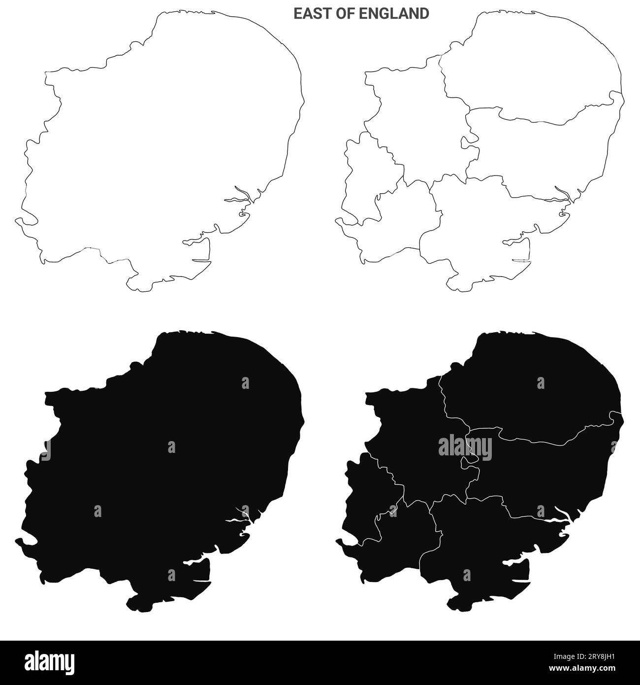 Carte East Anglia, ensemble de cartes administratives de l'est de l'Angleterre - carte vierge de contour Banque D'Images