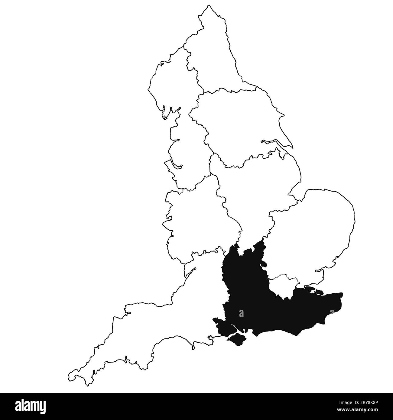 Carte de la province du sud-est de l'Angleterre en Angleterre sur fond blanc. Carte de région unique mise en évidence en noir sur la carte administrative de l'Angleterre. Banque D'Images