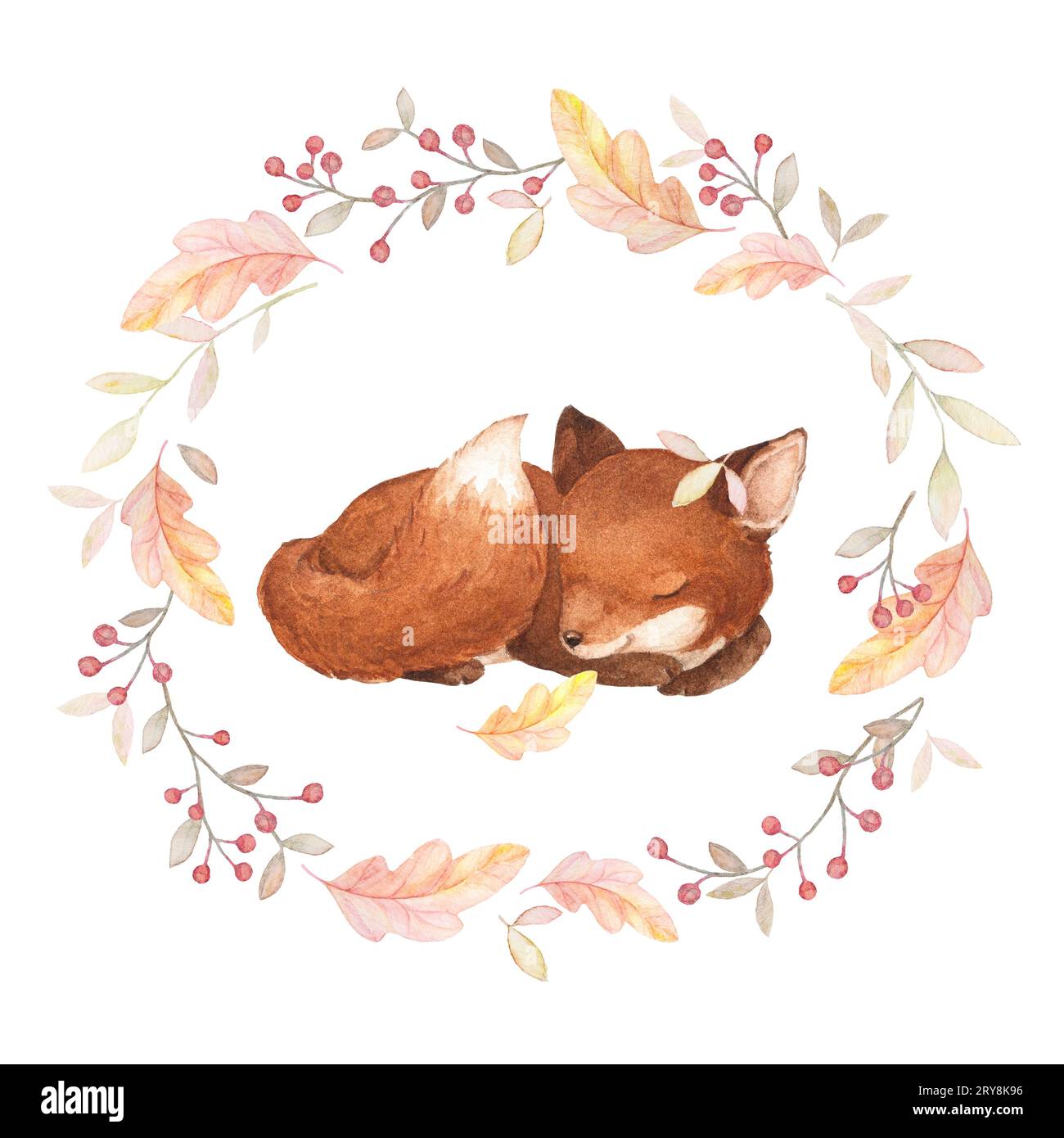 Sleeping Baby Fox illustrations, Baby Fox Illustration, Fall Wreath clip Art, Autumn Baby Card, Aquarelle Clipart, composition pré-faite Banque D'Images