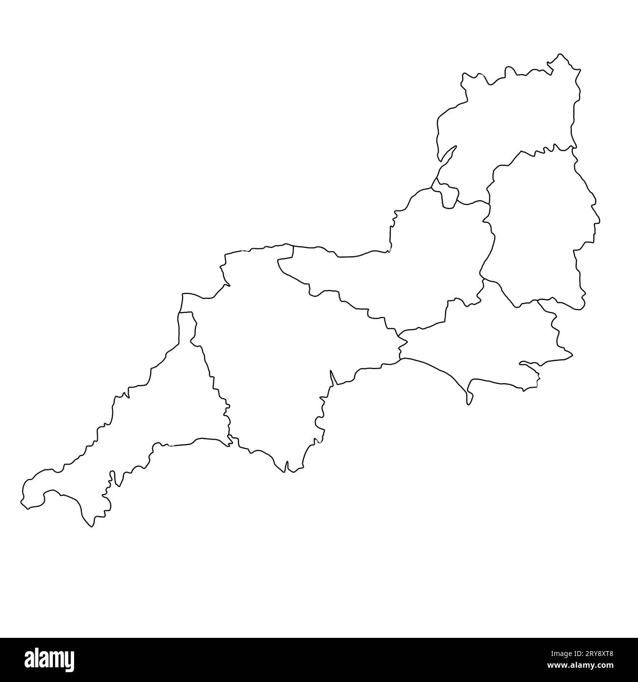 Carte vierge des comtés cérémoniels du sud-ouest de l'Angleterre. Haute carte d'illustration détaillée avec comtés, régions, États - carte du sud-ouest de l'Angleterre . contour ma Banque D'Images
