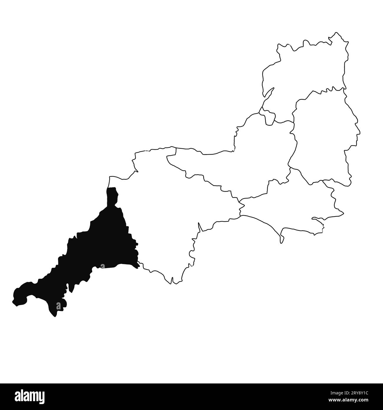 Carte de Cornouailles dans la province du sud-ouest de l'Angleterre sur fond blanc. Carte du comté unique mise en évidence par la couleur noire sur le sud-ouest de l'Angleterre administrative Banque D'Images