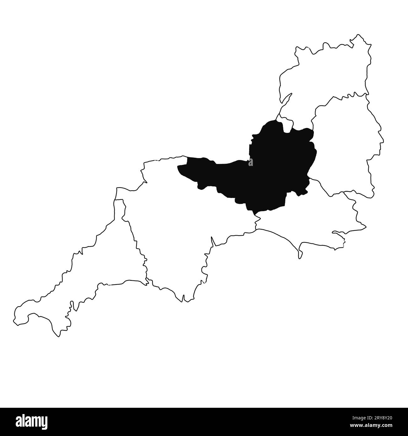 Carte du Somerset dans la province du sud-ouest de l'Angleterre sur fond blanc. Carte du comté unique mise en évidence par la couleur noire sur le sud-ouest de l'Angleterre administrative Banque D'Images