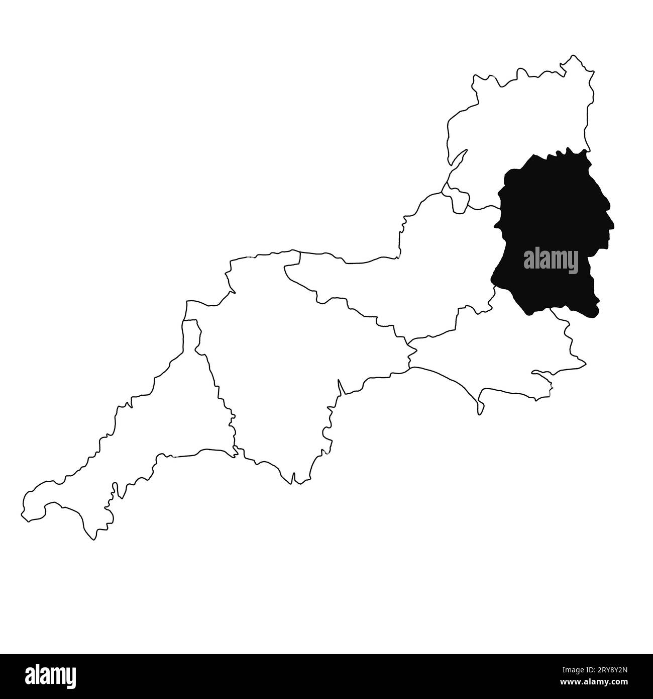 Carte du Wiltshire dans la province du sud-ouest de l'Angleterre sur fond blanc. Carte du comté unique mise en évidence par la couleur noire sur South West England administrativ Banque D'Images