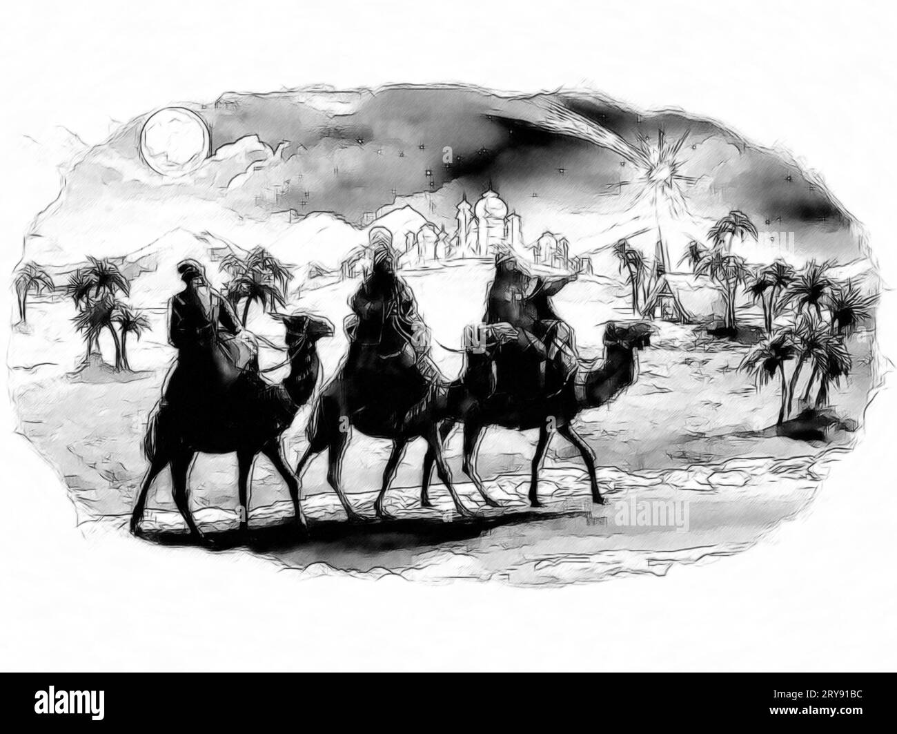 illustration religieuse trois rois - et la famille sainte - scène traditionnelle - illustration pour les enfants Banque D'Images