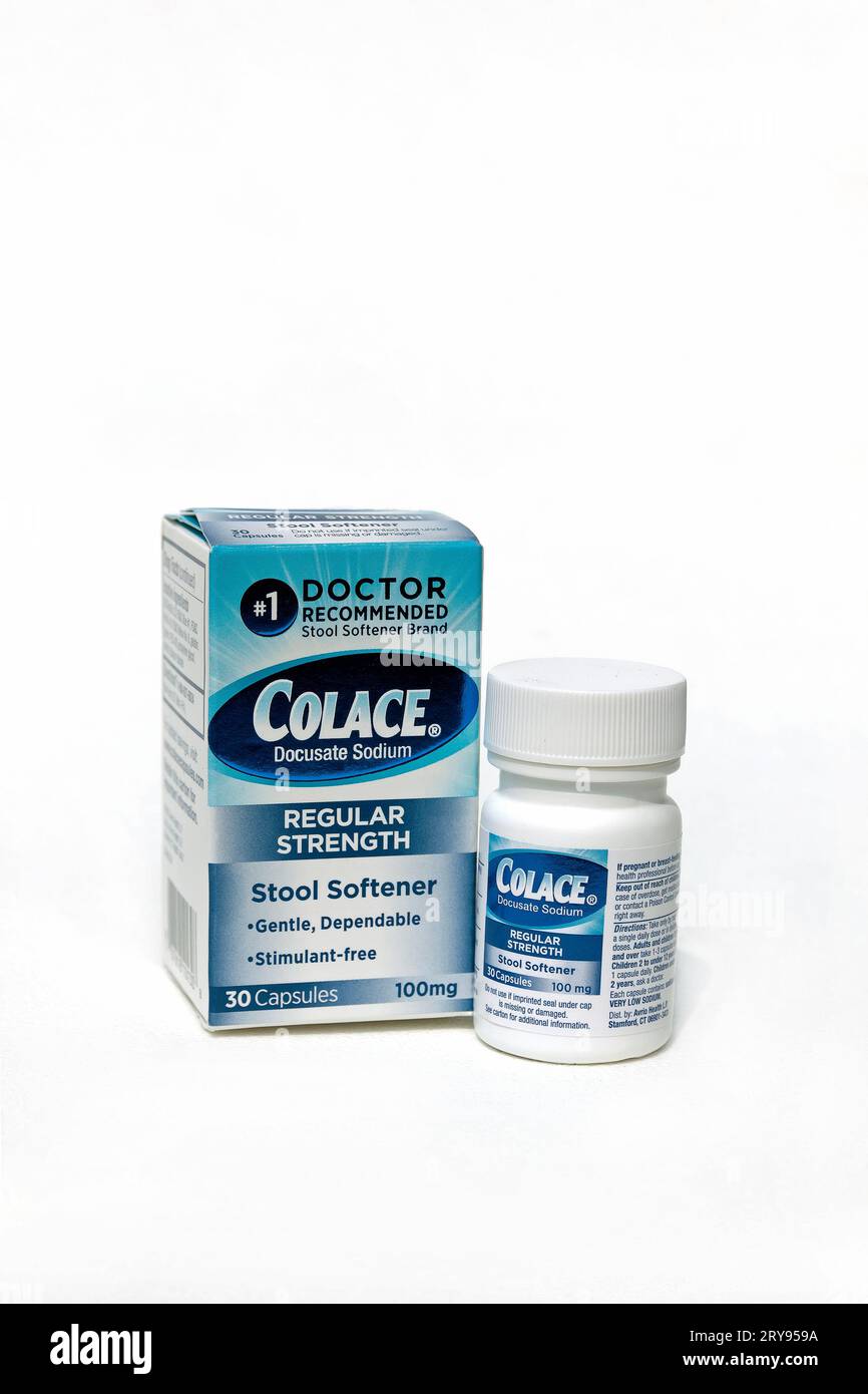 Adoucissant pour selles Colace utilisé pour traiter la constipation et les selles dures. Banque D'Images