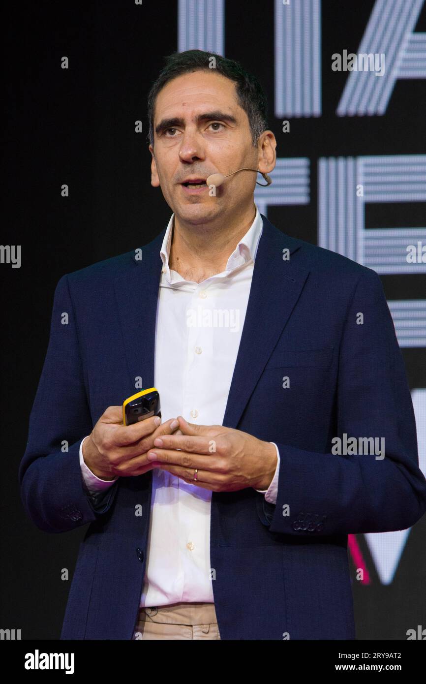 Torino, Italie. 29 septembre 2023. Pasquale Fedele, co-fondateur et directeur technique de MindAhead, sur la scène de la semaine italienne de la technologie 2023 crédit : Marco Destefanis/Alamy Live News Banque D'Images