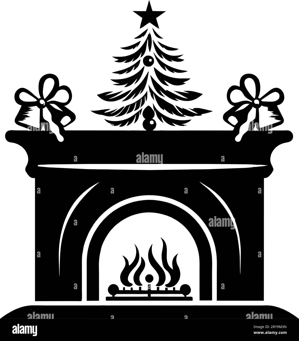 Icône de cheminée de Noël. La cheminée est décorée avec des chaussettes du nouvel an. Feu dans la cheminée. Le symbole du confort. Illustrati vectoriel dessiné à la main Illustration de Vecteur