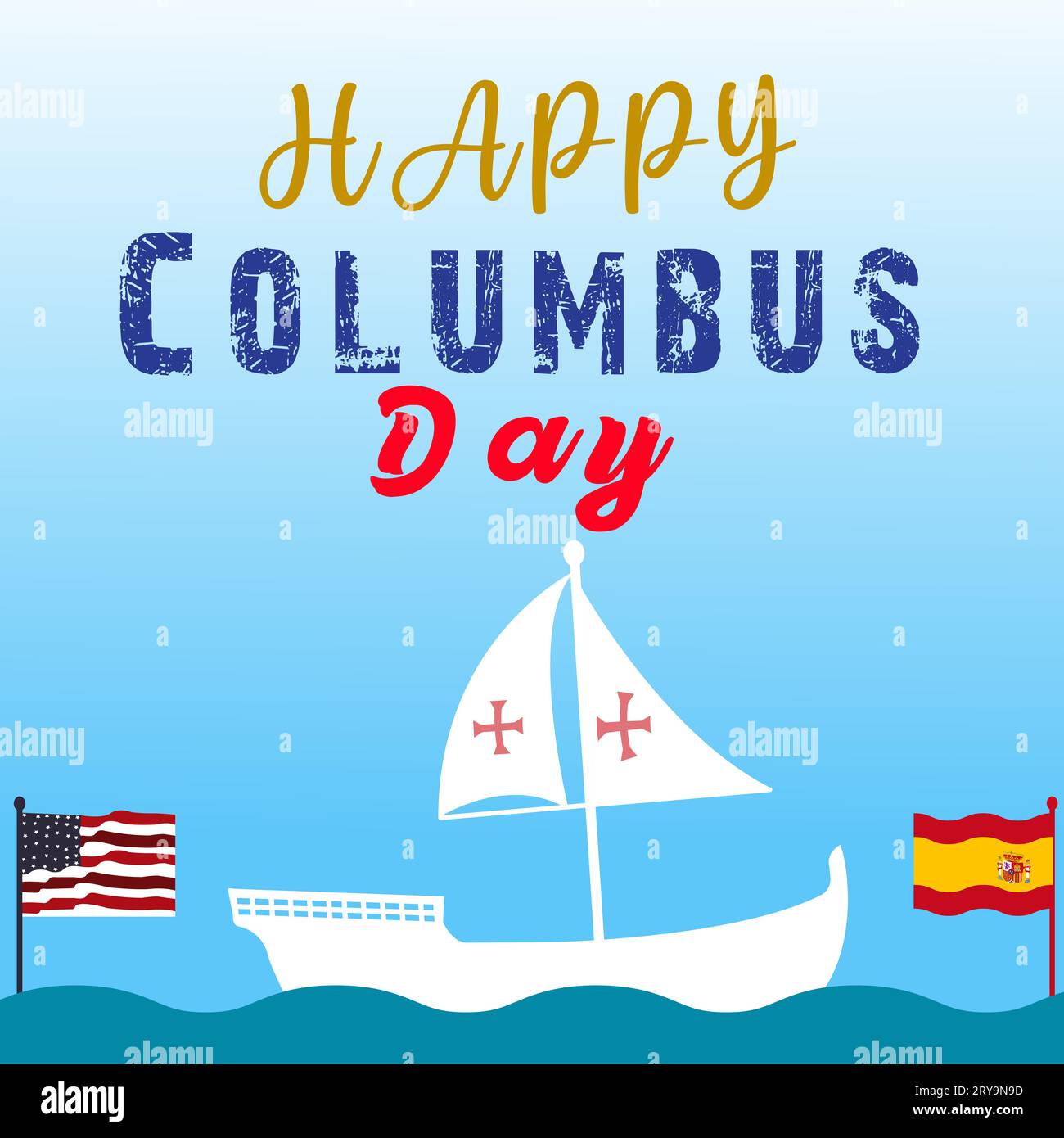 Carte de voeux Happy Columbus Day avec voilier. Christopher Columbus National USA bannière de vacances avec drapeau américain, vagues de mer, Steer Wh Illustration de Vecteur
