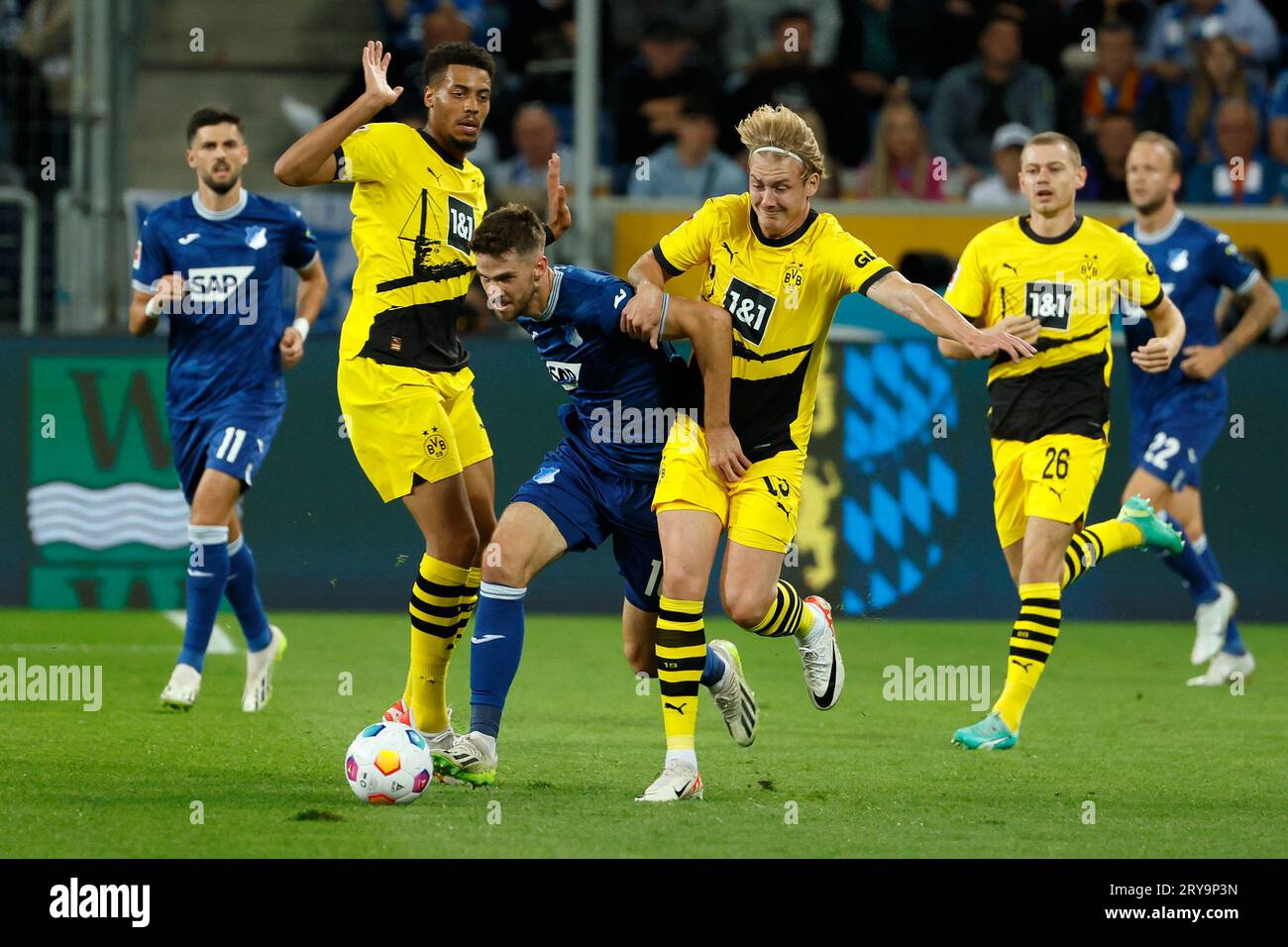 Sinsheim, Allemagne. 29 septembre 2023. Anton Stach (C) du TSG 1899 Hoffenheim fait une percée lors du match de 6e tour de la première division de Bundesliga entre le Borussia Dortmund et le TSG 1899 Hoffenheim à Sinsheim, Allemagne, le 29 septembre 2023. Crédit : Joachim Bywaletz/Xinhua/Alamy Live News Banque D'Images