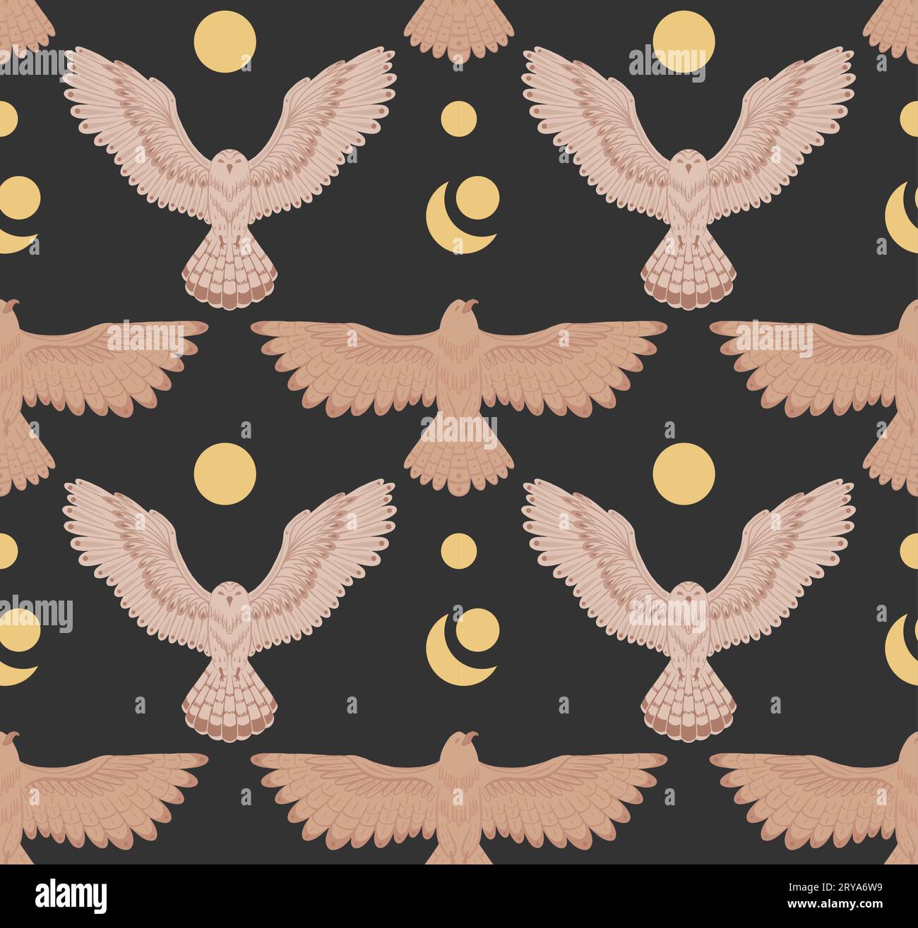 Chouettes et aigles à texture plate vectorielle avec des ailes étalées sur fond sombre. Motif décoratif sans couture avec des oiseaux de nuit volants et la lune. Ornithologique Illustration de Vecteur