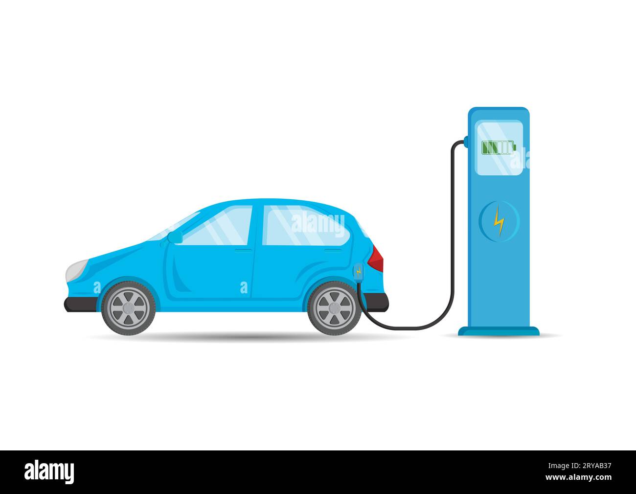 Chargement de voiture électrique bleue à la conception plate vectorielle de la station de chargement Illustration de Vecteur