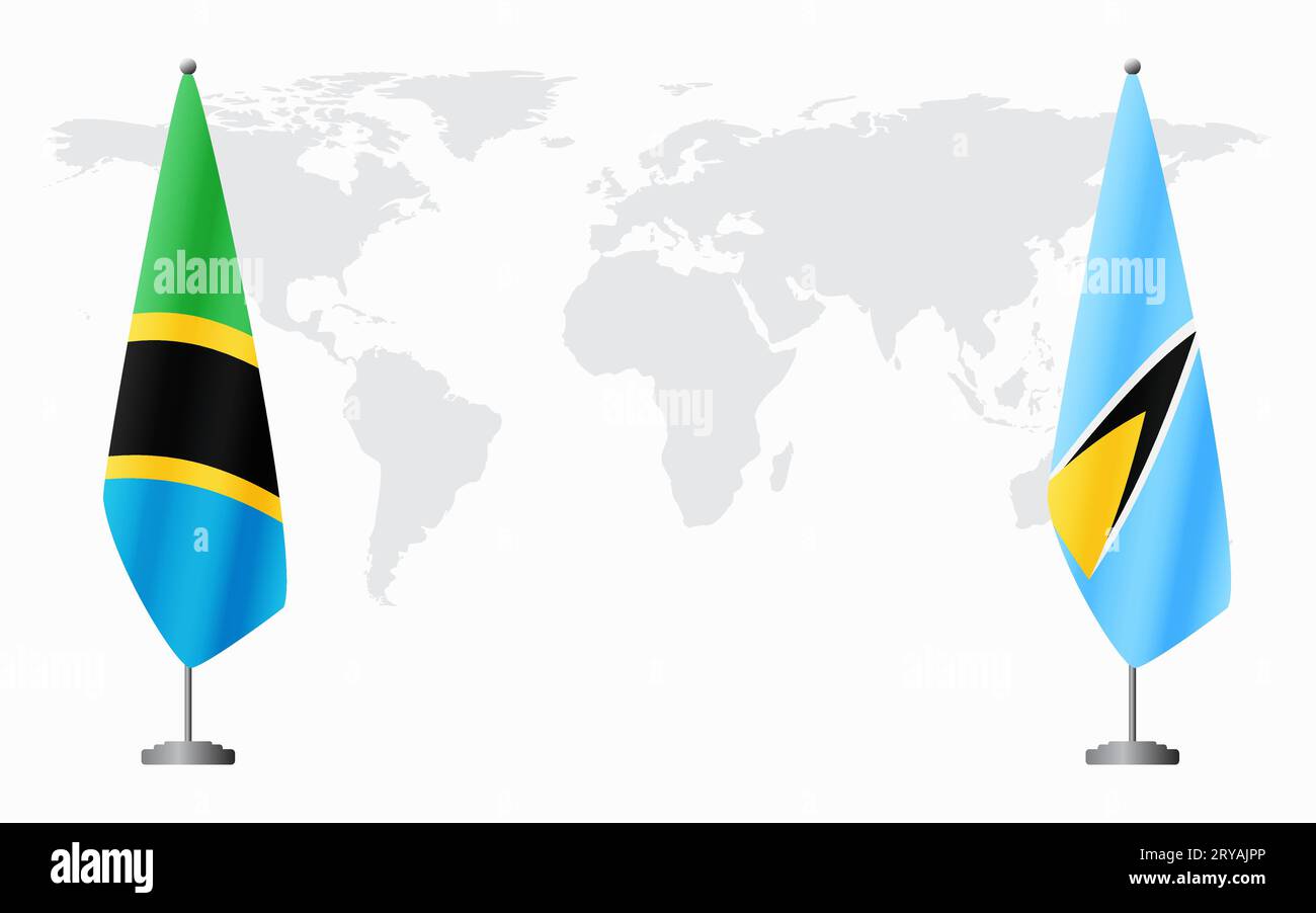 La Tanzanie et Sainte-Lucie drapeaux pour la réunion officielle sur fond de carte du monde. Illustration de Vecteur