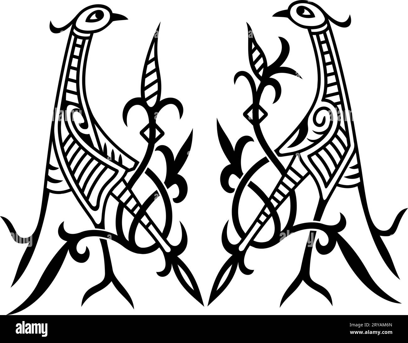 Dancing Storks. Élément décoratif ukrainien traditionnel, symbole. Clipart de vecteur de contour. Silhouette. Illustration de Vecteur