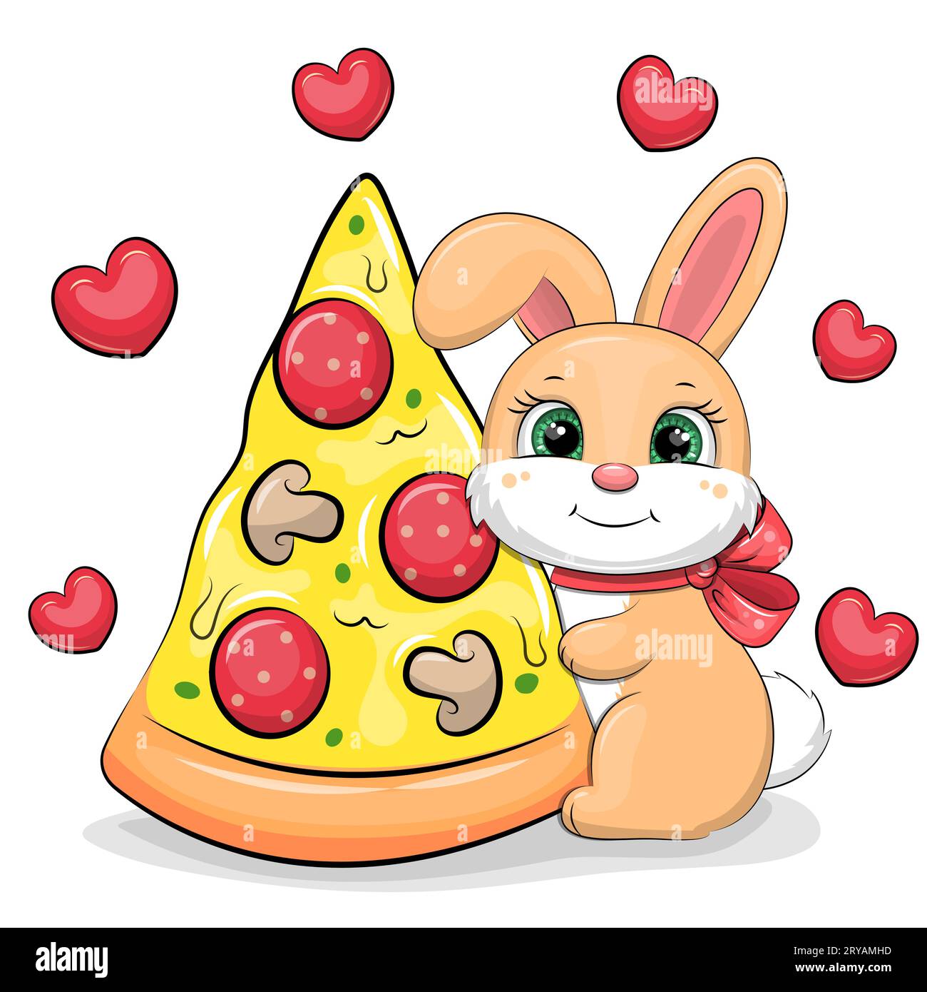 Mignon lapin de dessin animé avec un arc rouge et un grand morceau de pizza. Illustration vectorielle d'un animal sur un fond blanc avec des coeurs rouges. Illustration de Vecteur