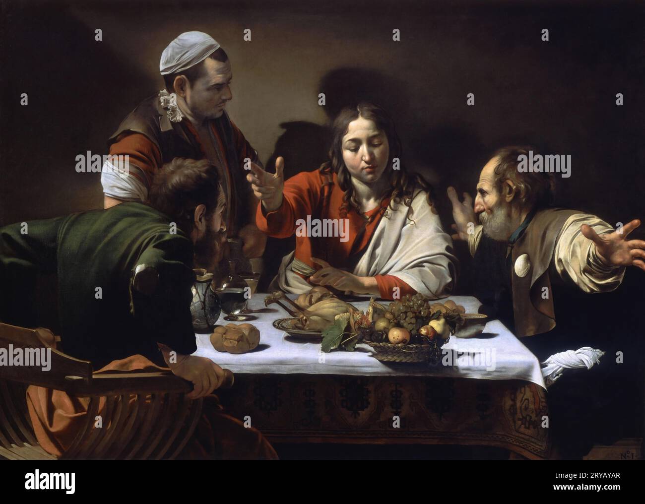 Caravaggio / souper à Emmaus, 1601. Huile sur toile, 141 x 196,2 cm NG 172. MUSÉE : NATIONAL GALLERY, LONDRES, ROYAUME-UNI. Banque D'Images