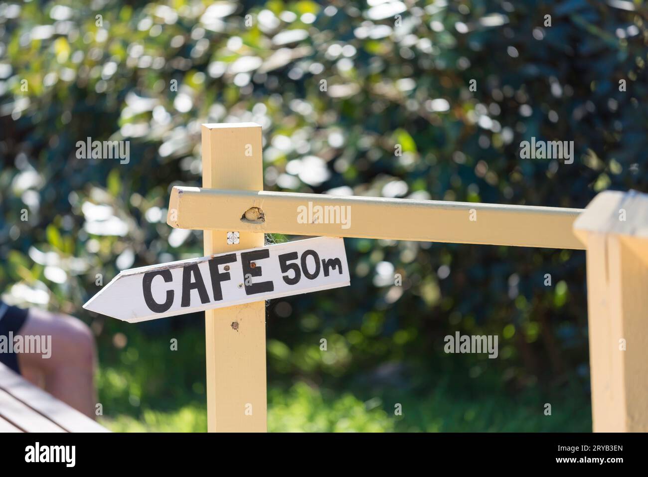 Un petit panneau fléché peint à la main disant Cafe 50m près de Balgowlah à Sydney, Australie Banque D'Images