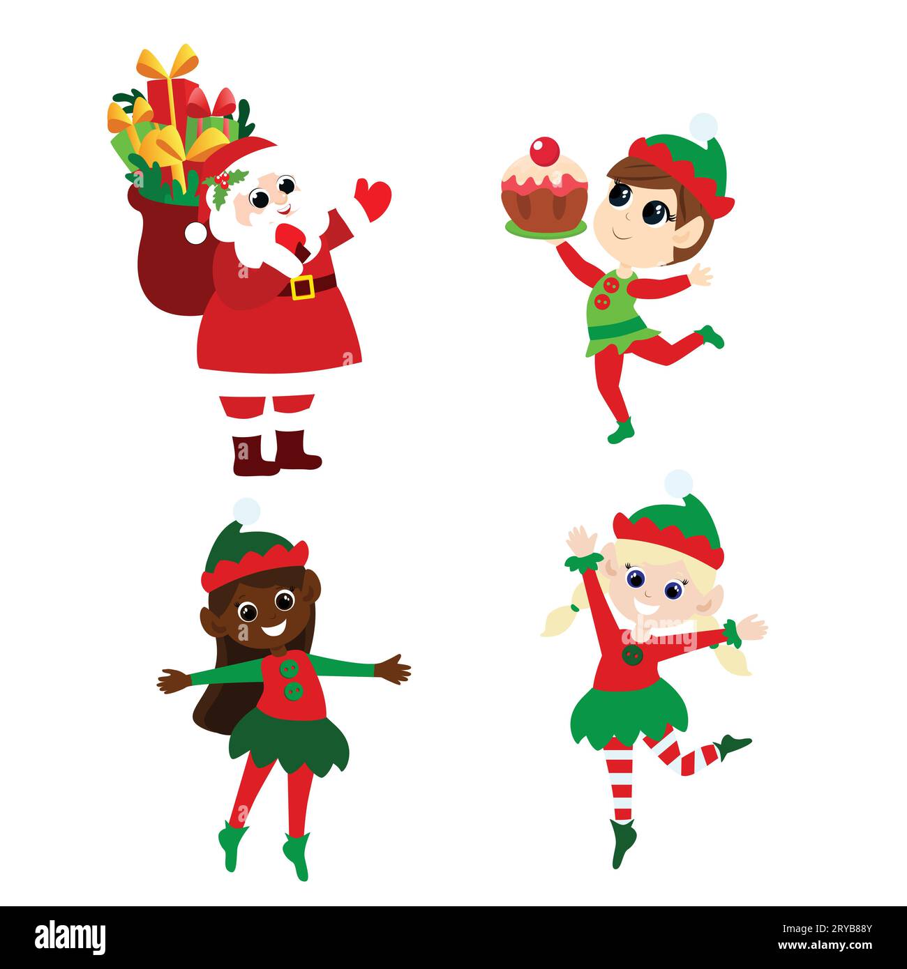 Ensemble du Père Noël et des elfes dans le style de bande dessinée isolé sur fond blanc. Personnages de Noël mignons et positifs. Illustration de Vecteur