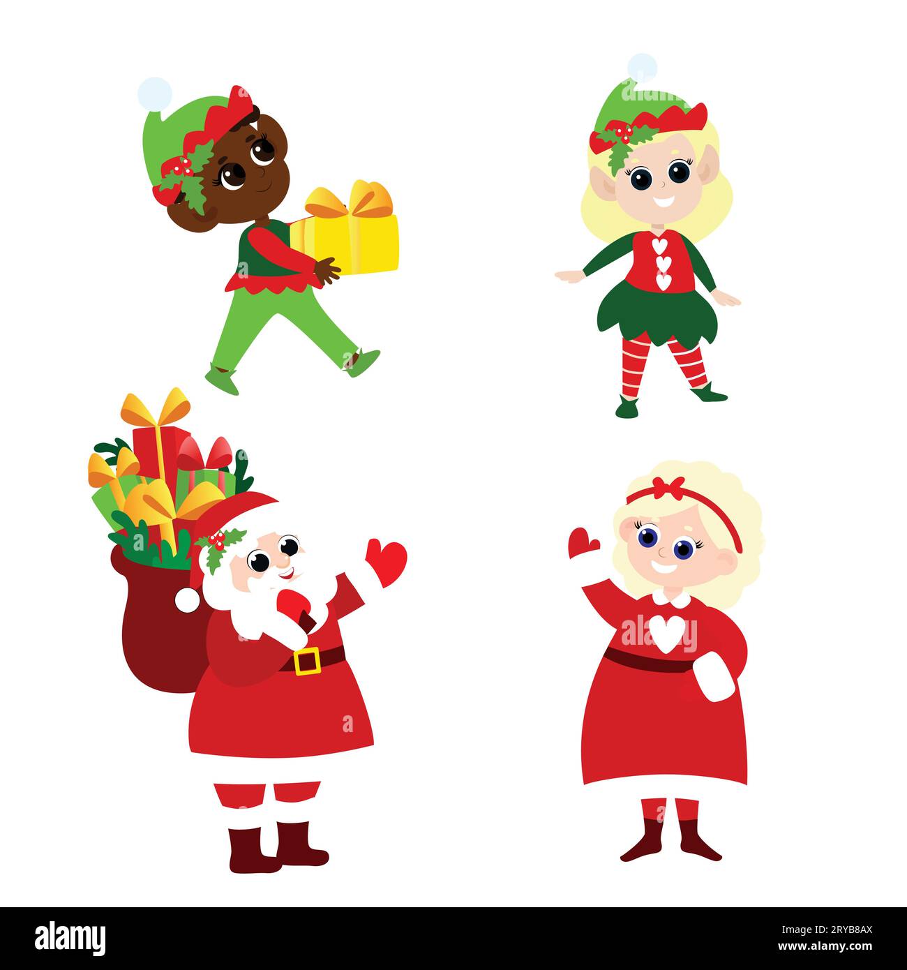 Ensemble du Père Noël, Mme Père Noël, elfes dans le style de bande dessinée isolé sur fond blanc. Personnages de Noël mignons et positifs. Illustration de Vecteur