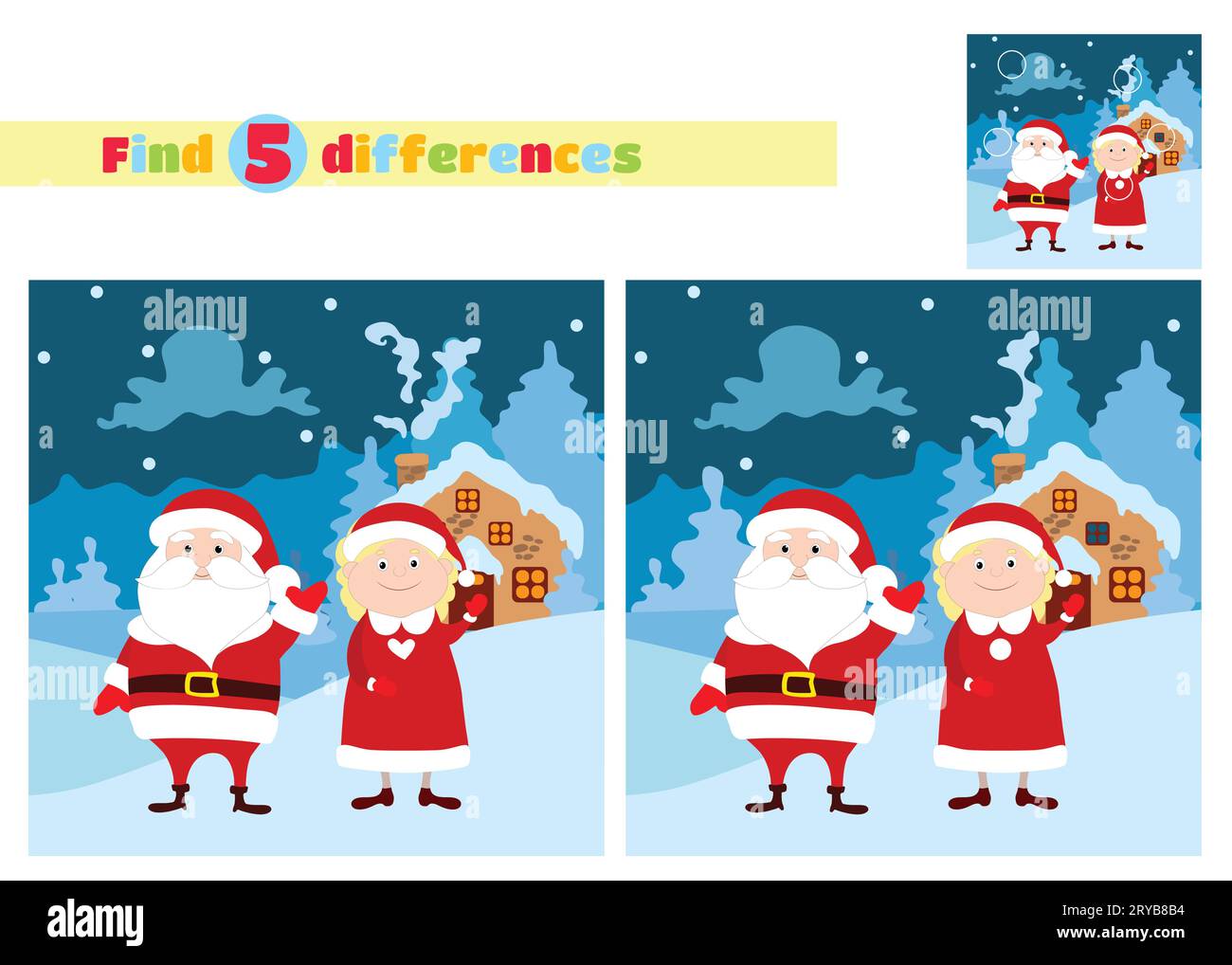 Trouvez les différences. Le Père Noël et Mme Père Noël se tiennent devant leur maison et agitent leurs bras sur fond d'hiver fabuleux. Illustration de Vecteur