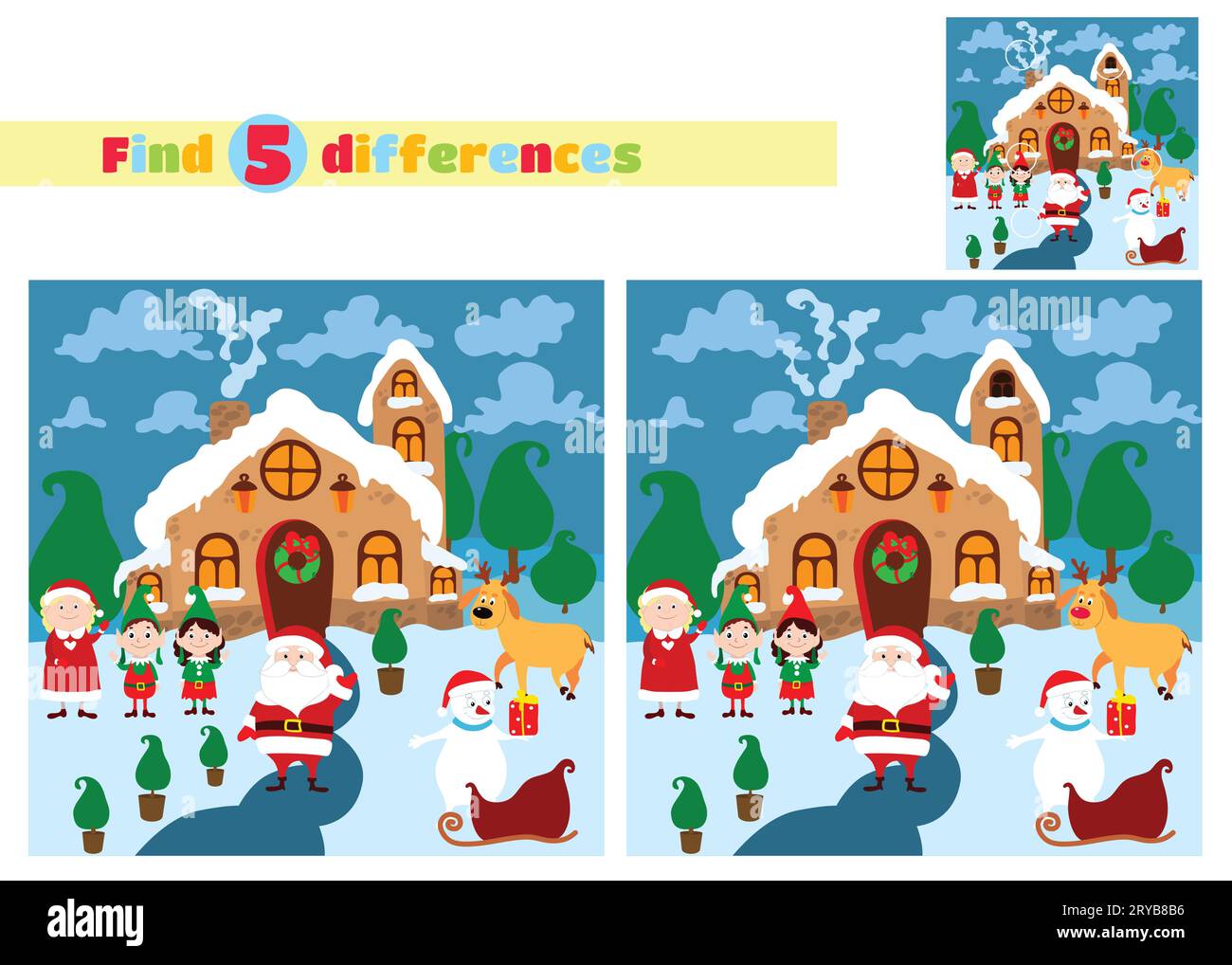 Trouvez les différences. Maison du Père Noël proche du Père Noël, épouse, elfes, bonhomme de neige, cerf et traîneau. Paysage vectoriel de Noël de conte de fées. Illustration de Vecteur