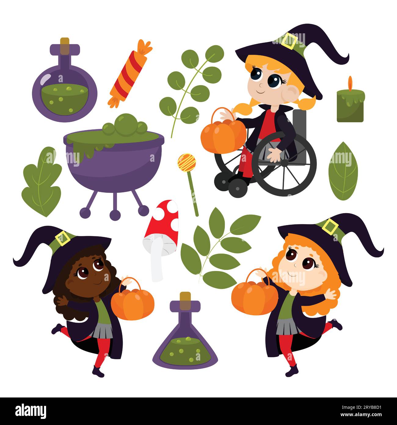 Halloween Set personnages et attributs de style de dessin animé est isolé sur un fond blanc. Des enfants sorciers et un enfant en fauteuil roulant. Illustration de Vecteur