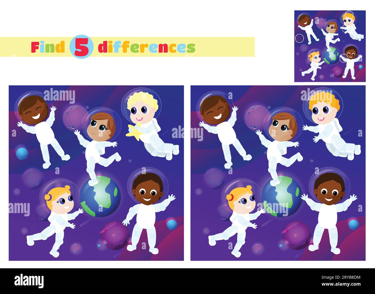 Trouvez les différences. Un groupe d'enfants multiculturels en costumes d'astronaute sont dans l'espace. Ils s'amusent dans le contexte de la planète Terre. Illustration de Vecteur