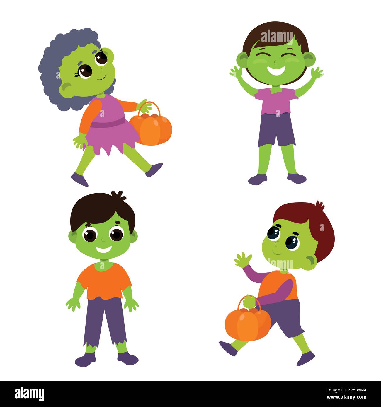 Ensemble d'enfants en costumes de zombies avec des paniers dans leurs mains. Illustration d'Halloween dans le style de bande dessinée isolé sur fond blanc. Illustration de Vecteur