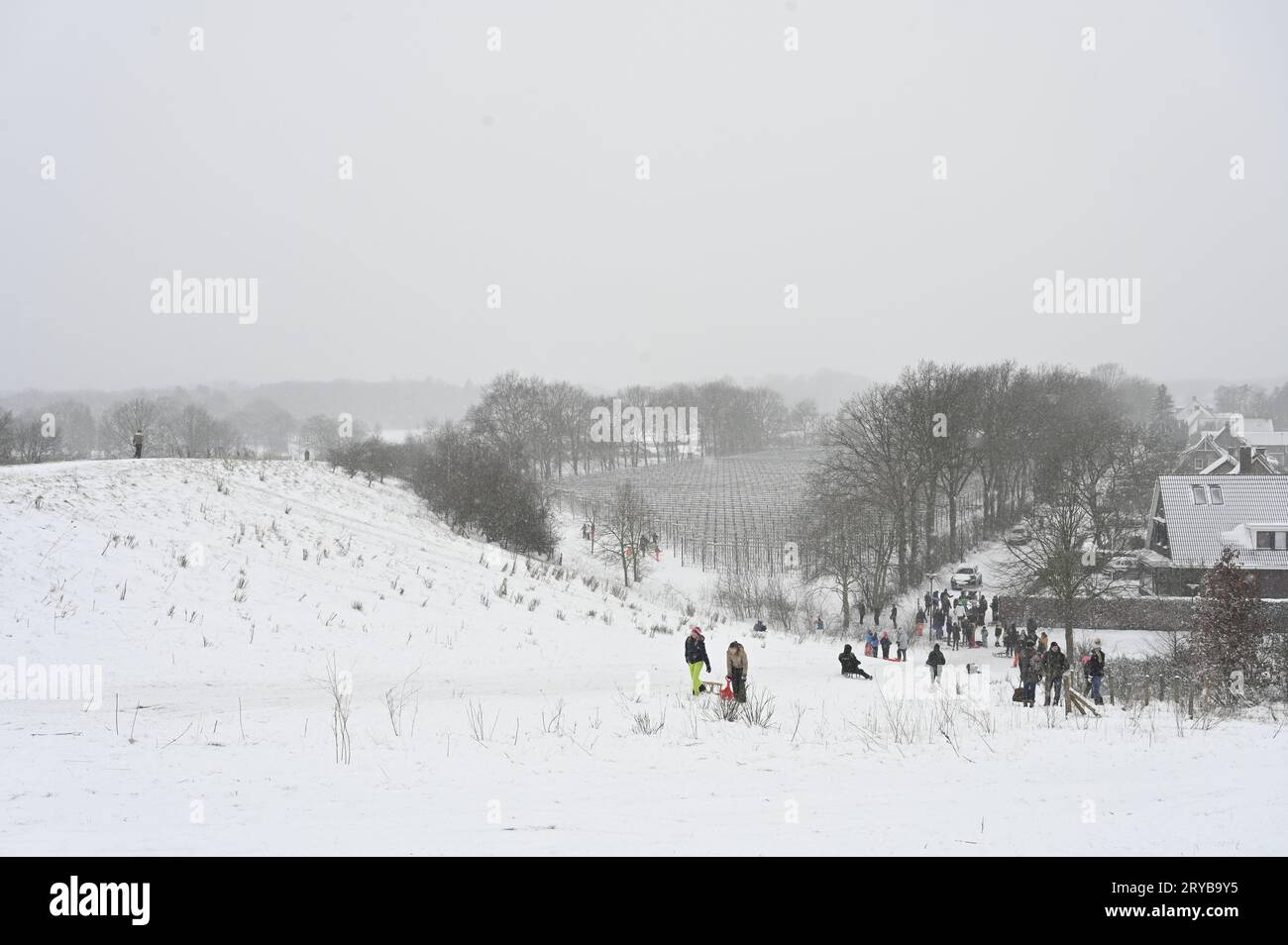 Amusement hivernal en Brabant les enfants descendent une pente avec leur traîneau pendant que d'autres regardent ou se joignent à la préparation d'un départ Banque D'Images