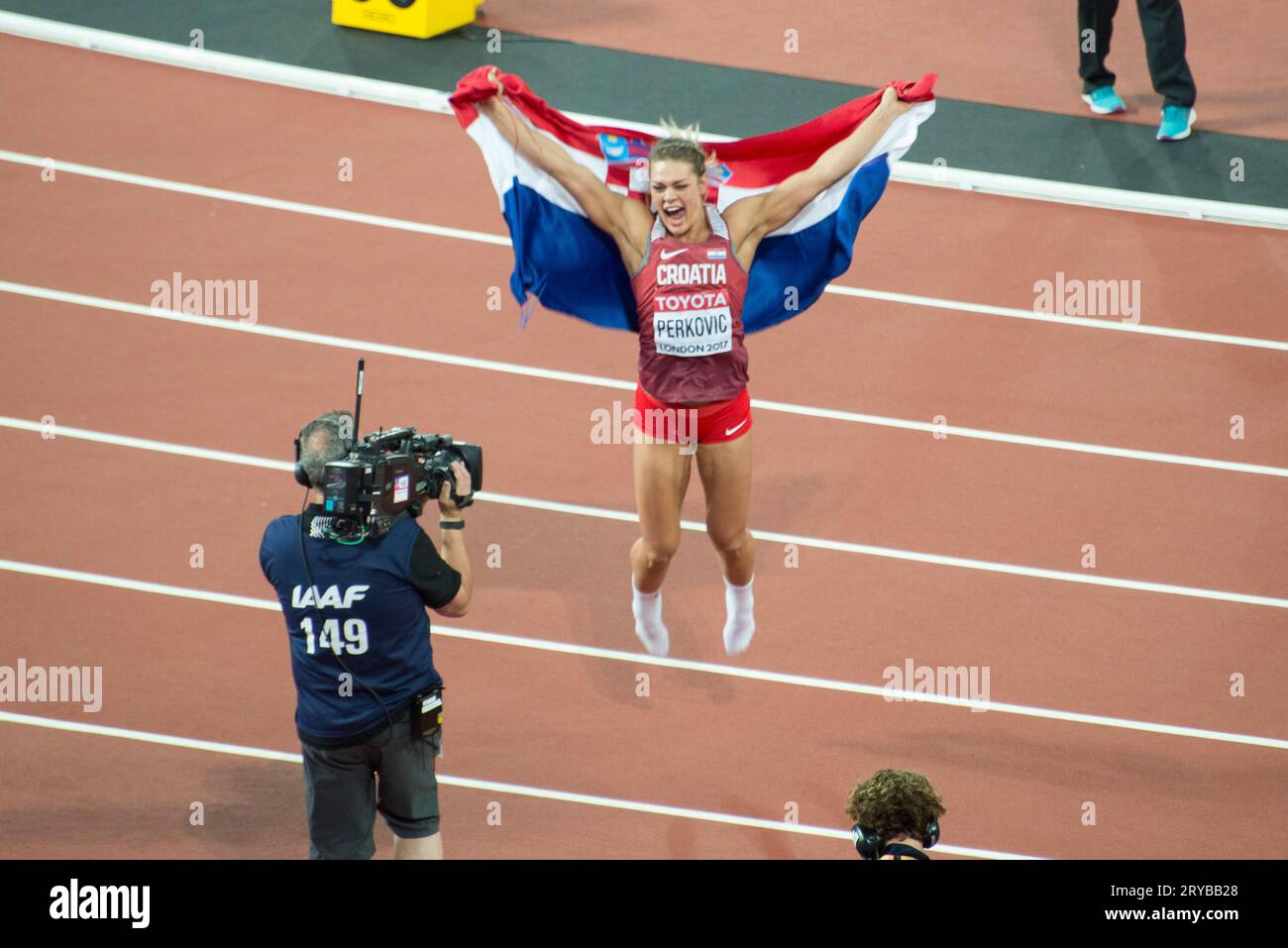 Sandra Perkovic célèbre sa victoire au Discus féminin - Championnat du monde d'athlétisme 2017 de Londres Banque D'Images