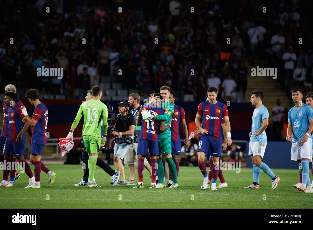 Barcelone, Espagne. 23 septembre 2023. Les joueurs de Barcelone célèbrent la victoire après le match de LaLiga EA Sports entre le FC Barcelone et le RC Celta de Vigo A. Banque D'Images