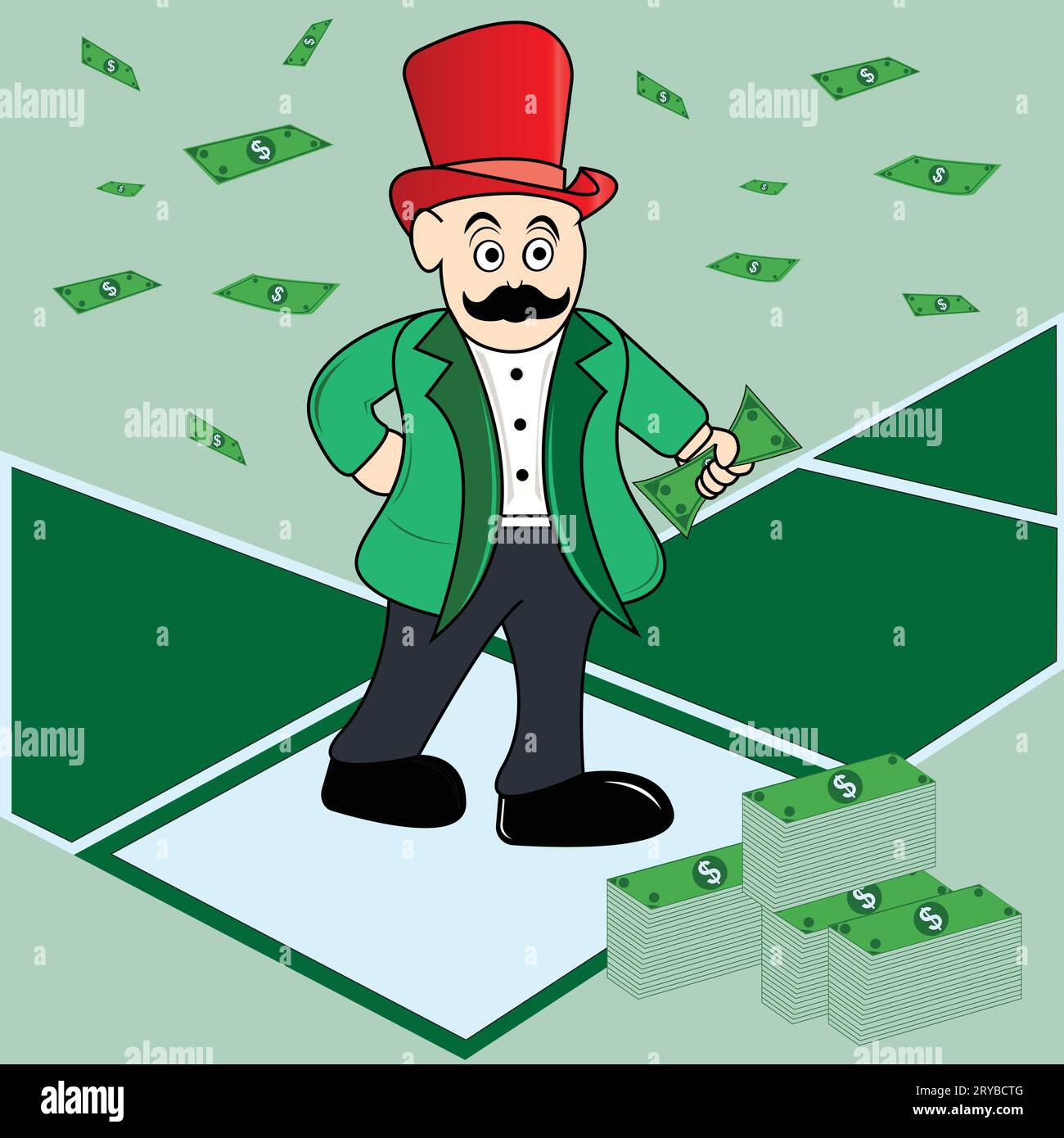 Illustration vectorielle de Happy Rich Business homme carton caractère debout de l'argent liquide tombant sur le fond Illustration de Vecteur