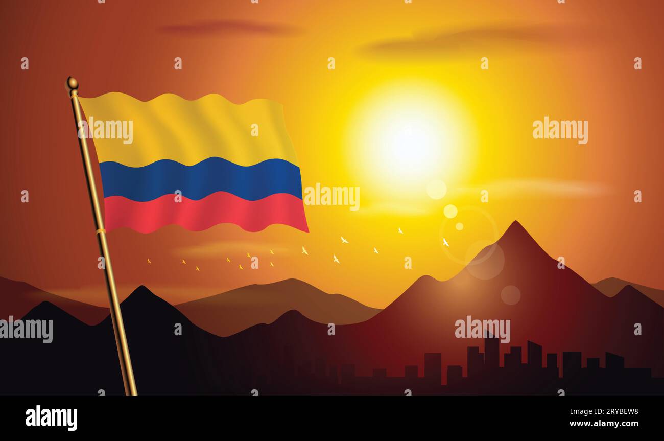 Drapeau de la Colombie avec fond de coucher de soleil des montagnes et des lacs Illustration de Vecteur