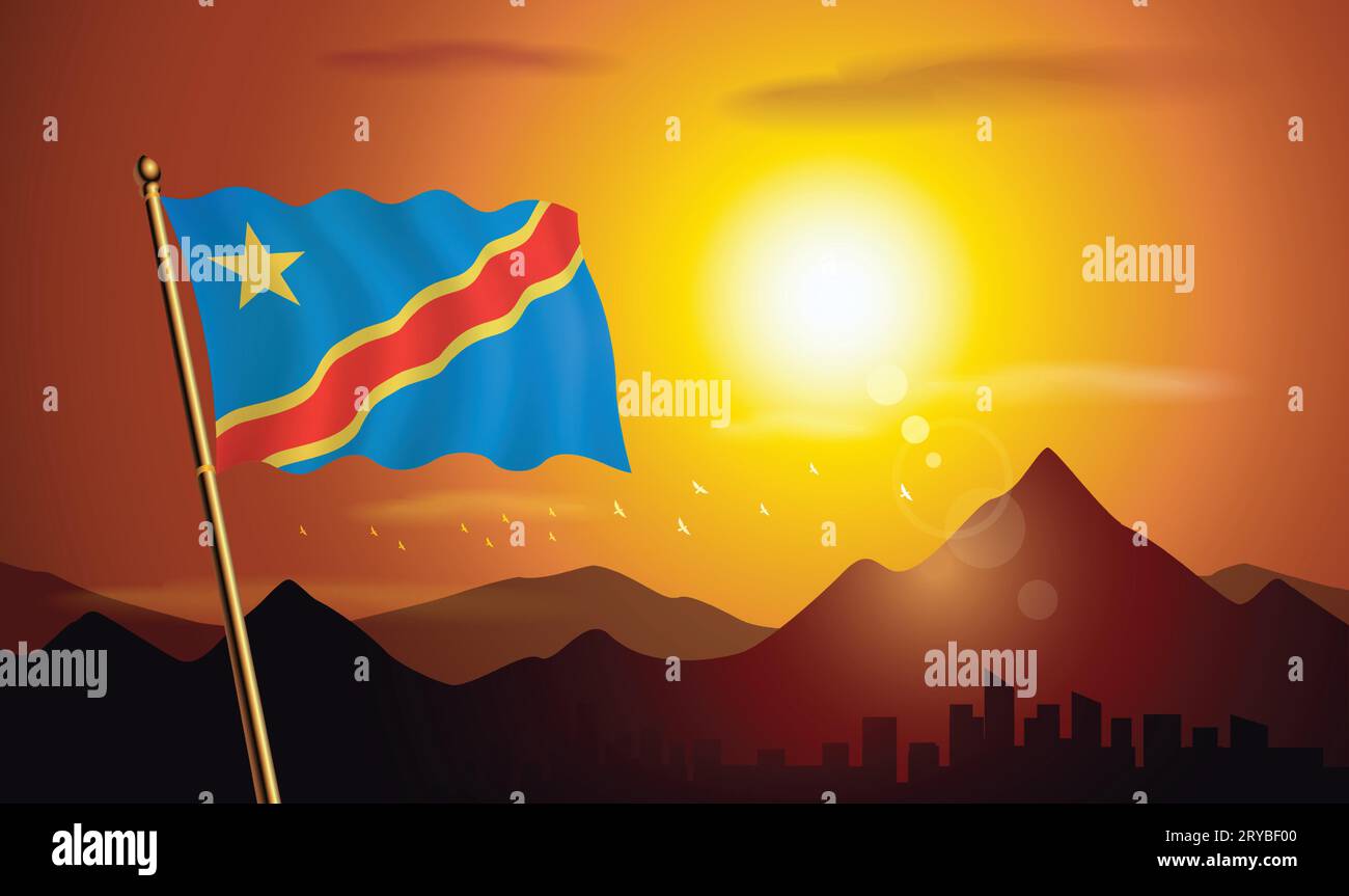 Drapeau du Congo avec fond de coucher de soleil des montagnes et des lacs Illustration de Vecteur