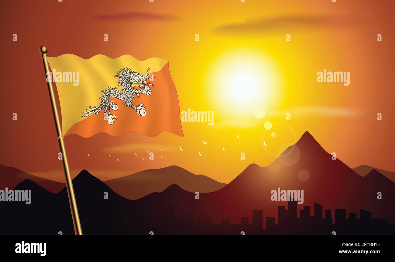 Drapeau du Bhoutan avec fond de coucher de soleil des montagnes et des lacs Illustration de Vecteur